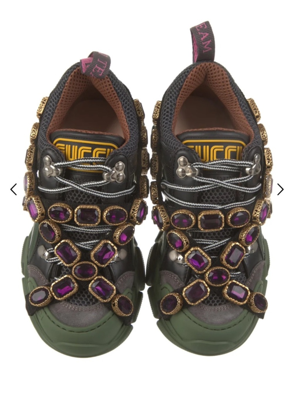 Gucci NEW Green and Black Sneakers with Gold Jewel Embellishments